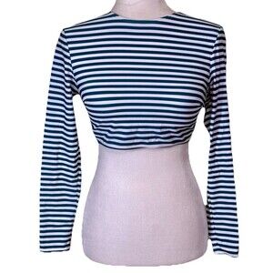 Womens Nautical Coastal Striped Long Sleeve Swim Top Cropped Surf Beach Sz 6 NEW